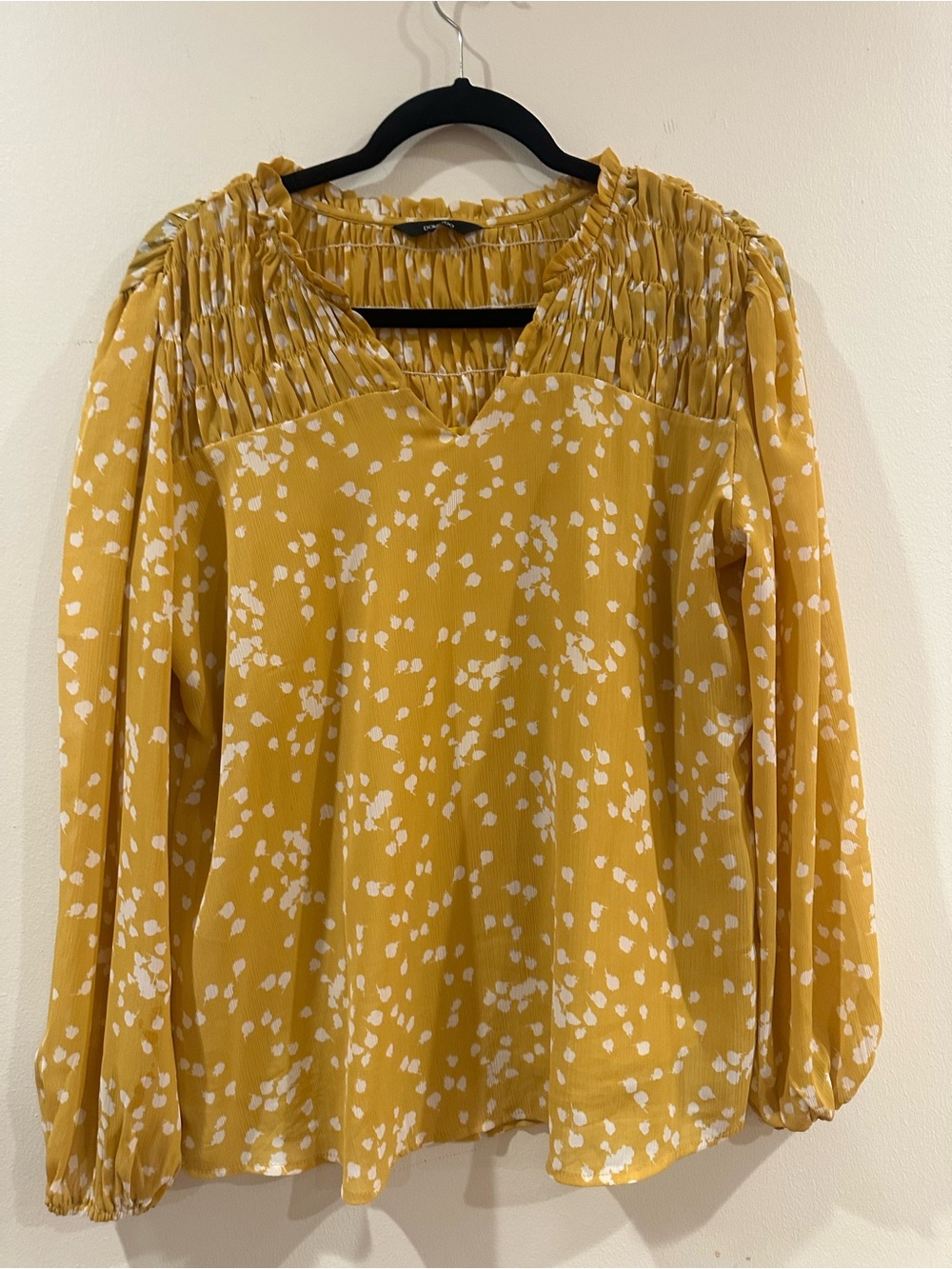 Smocked Yoke V-Neck Blouse in Mustard Yellow Spot
